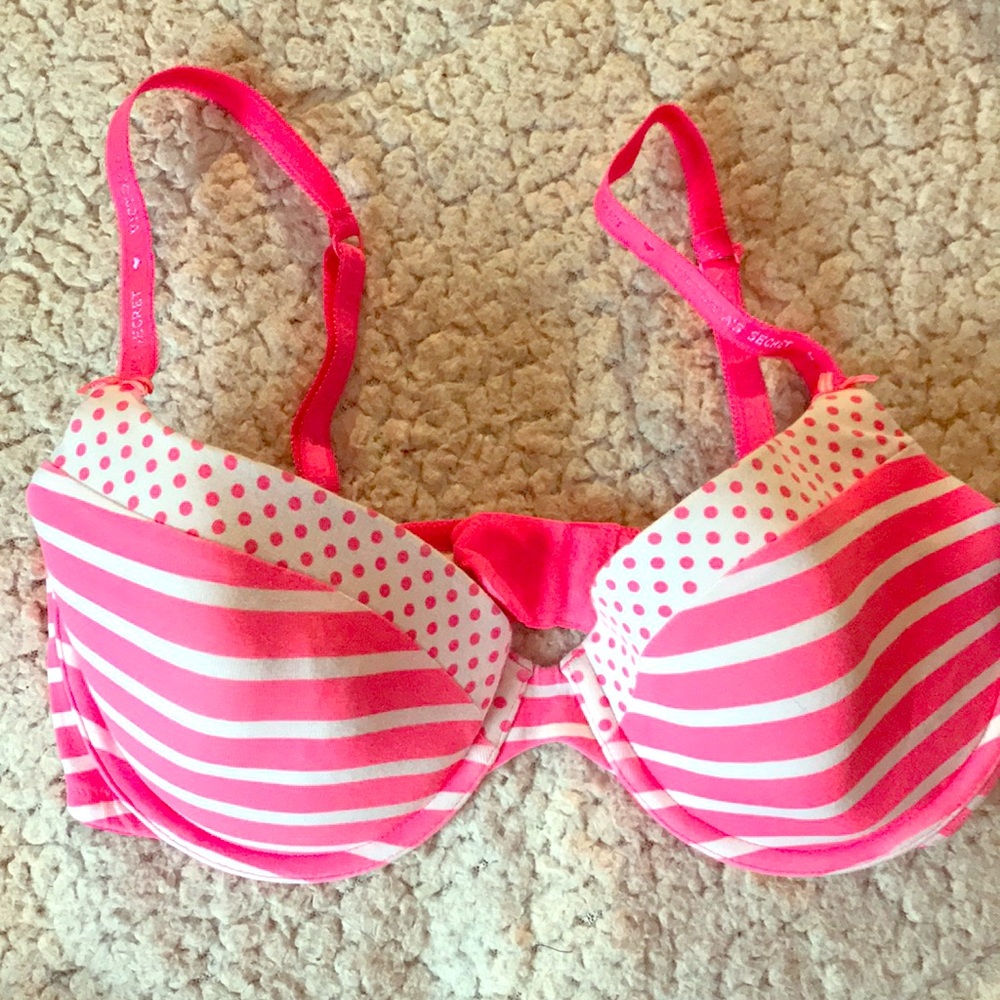 White and pink polka dot and striped bra